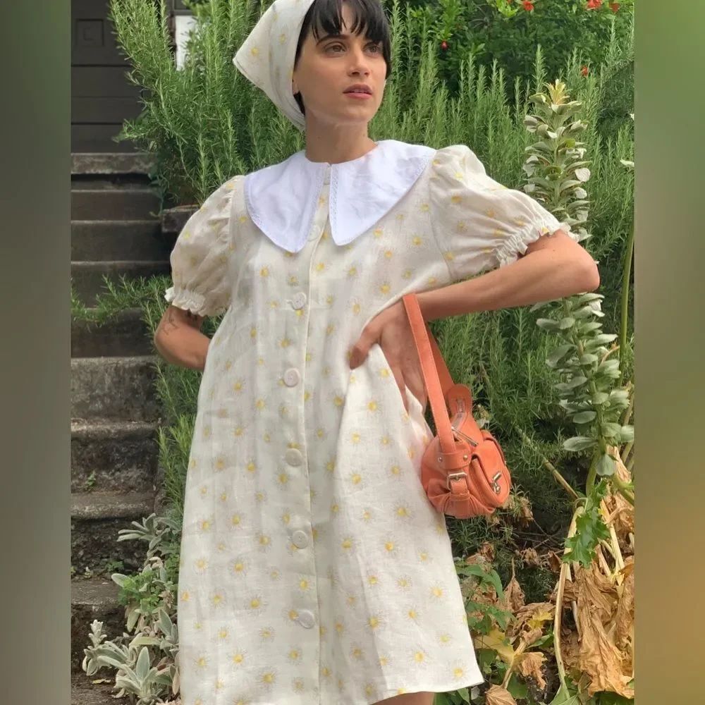 Sleeper Marie Linen Collared Daisies Dress NWT